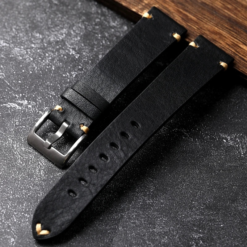 Handmade Luxury Genuine Leather Watch Strap - 18mm-22mm - Black Leather