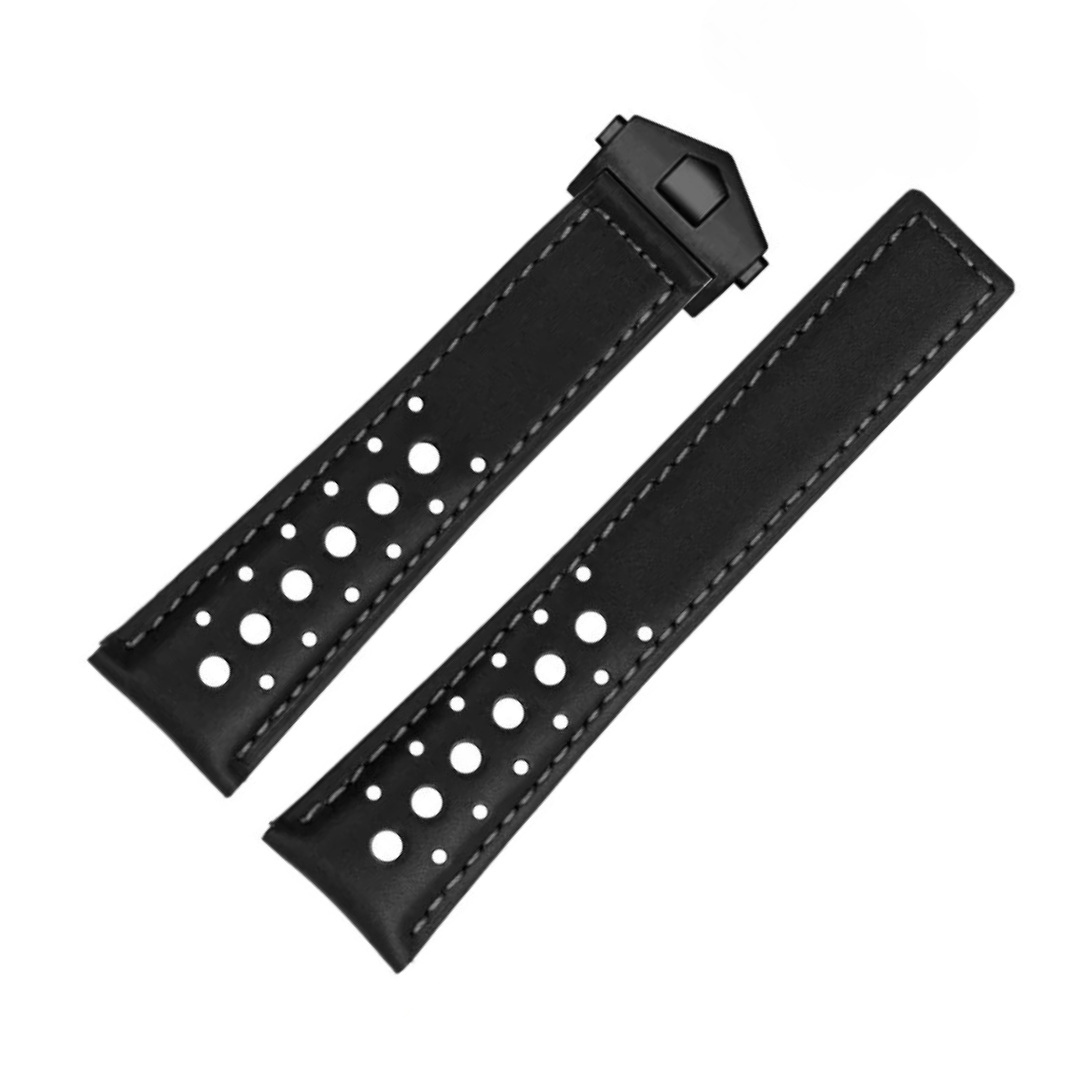 Midnight Black Cowhide Leather Stitched Strap For Tag Heuer