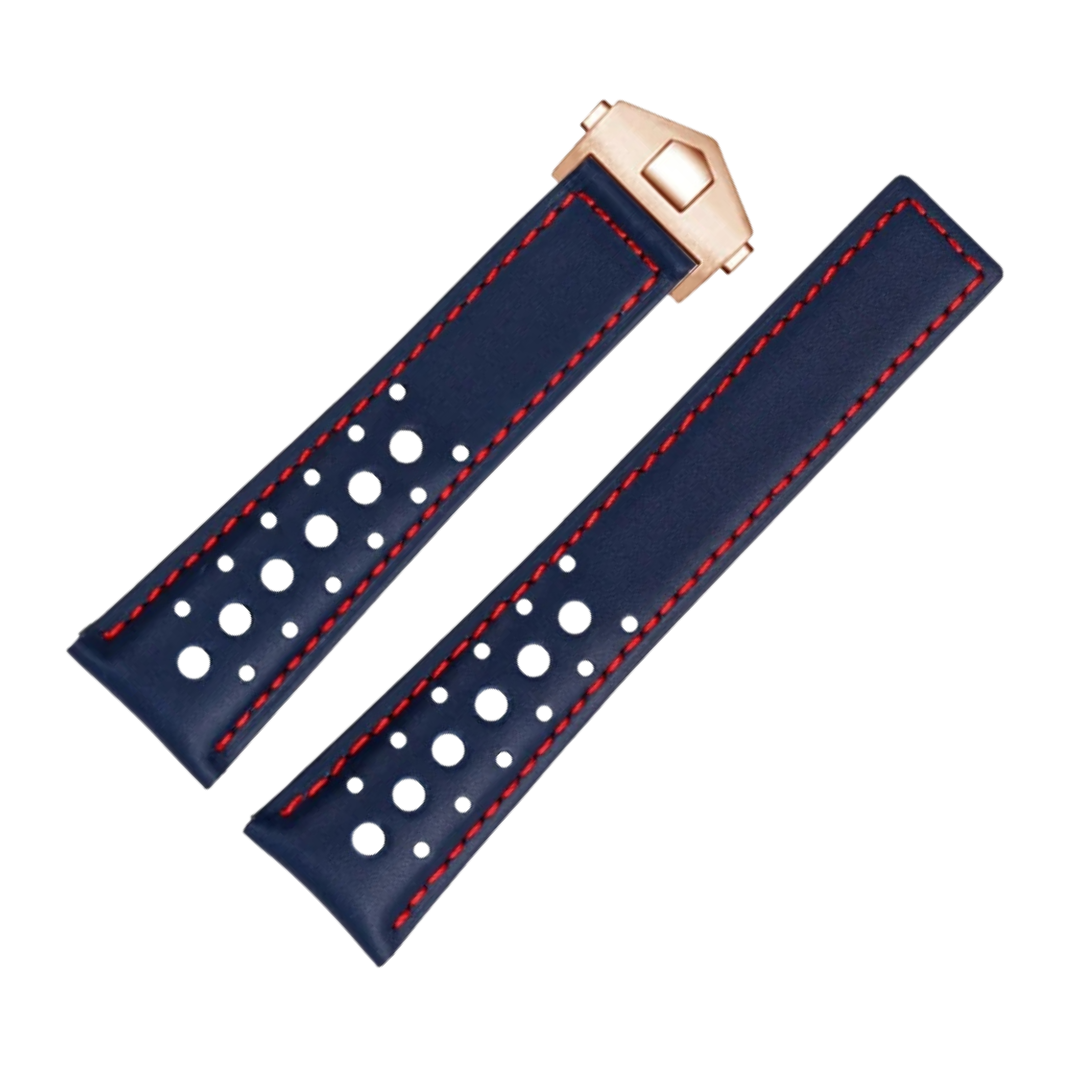 Navy Blue Cowhide Leather Stitched Strap For Tag Heuer