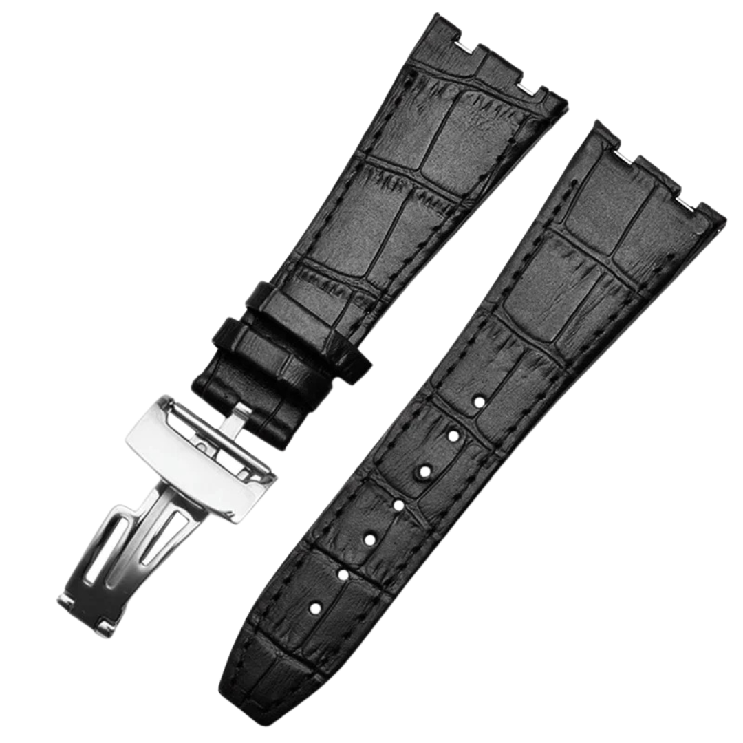 Crocodile Style Leather Strap for AP – Black – High-Quality Butterfly Clasp