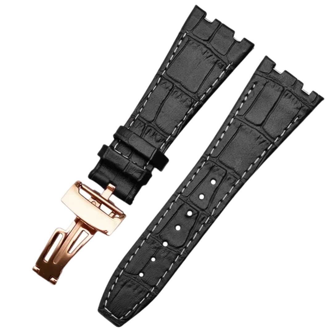 Crocodile Style Leather Strap for AP – Black – Butterfly Clasp