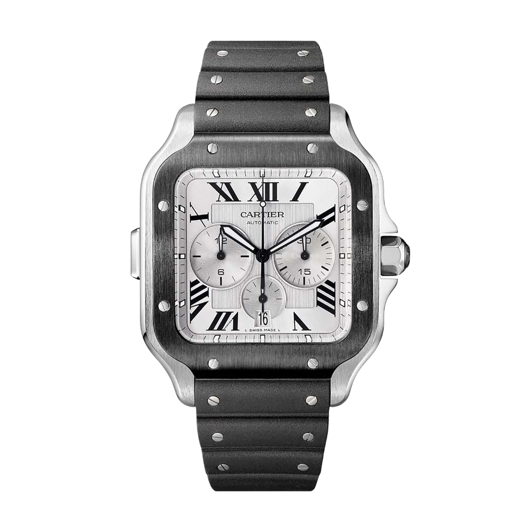 Black Silicone Rubber Strap Silver Buckle For Cartier Santos