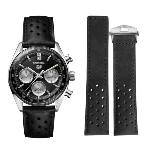 20/22mm Leather Bracelet for Tag Heuer Carrera & Monaco – Black/Grey
