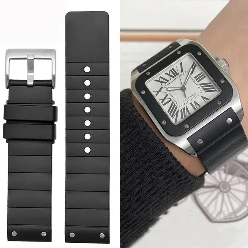 Black Rubber Strap for Cartier Santos – Silver Universal Clasp