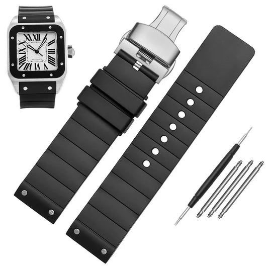 Black Rubber Strap for Cartier Santos – Silver Butterfly Clasp