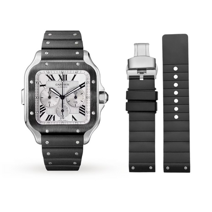 Black Rubber Strap for Cartier Santos – Silver Butterfly Clasp