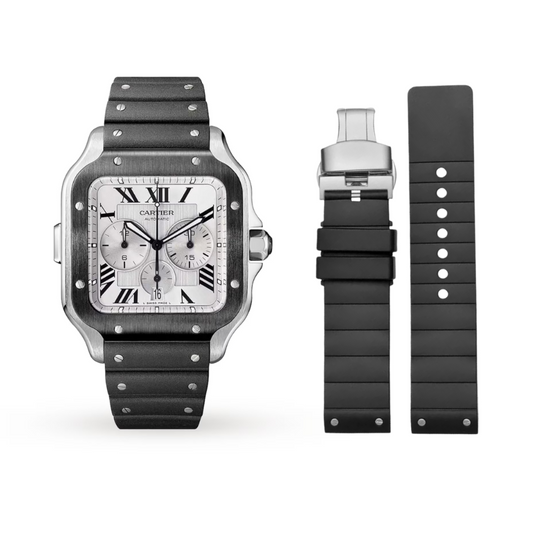 Black Rubber Strap for Cartier Santos – Silver Butterfly Clasp