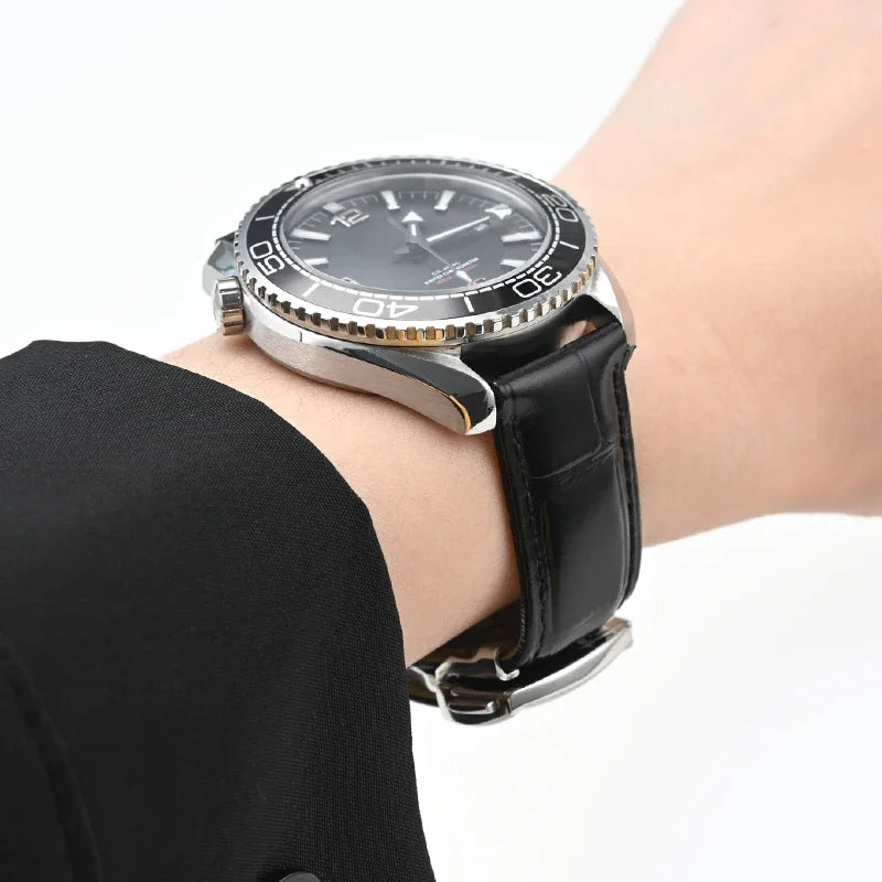 Genuine Leather Strap for Omega Seamaster & Speedmaster Black – Folding Buckle