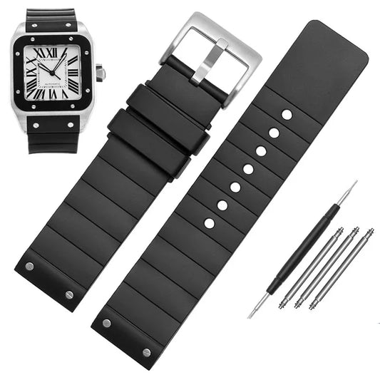 Black Rubber Strap for Cartier Santos – Silver Universal Clasp