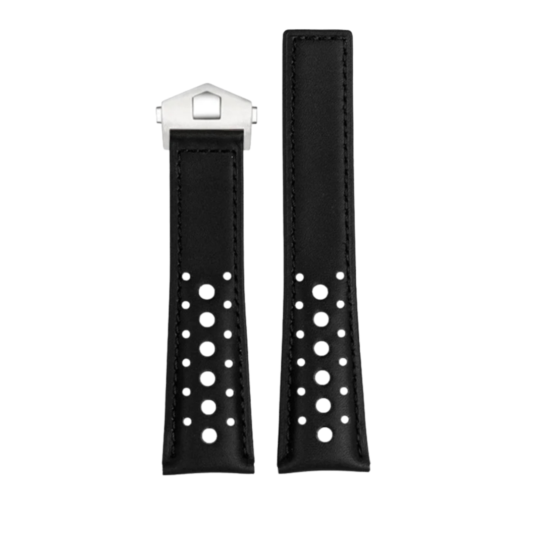 Midnight Black Cowhide Leather Stitched Strap For Tag Heuer