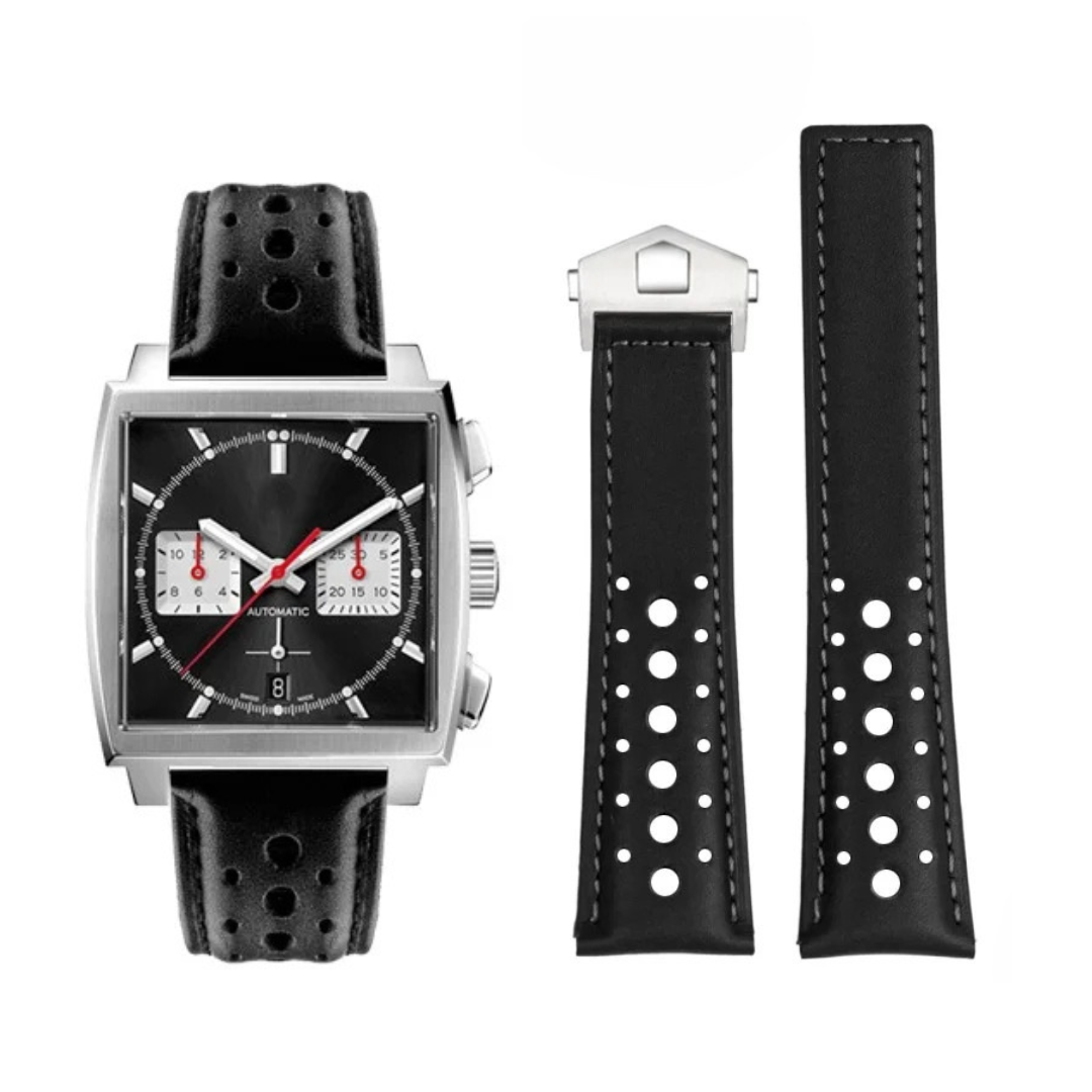 22mm Genuine Leather Strap for TAG Heuer Monaco – Folding Buckle – Men’s Watchband