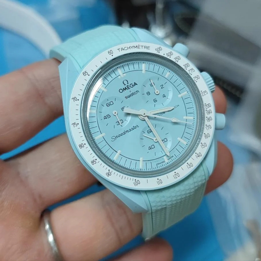 Lake Blue Silicone Rubber Strap for Omega X Moonswatch With Coloured Stitching