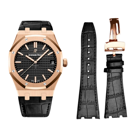 Crocodile Style Leather Strap for AP – Black – Butterfly Clasp